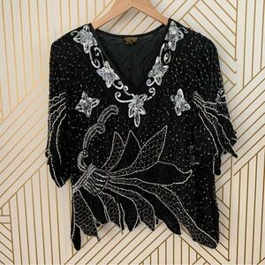 Linsiano Vintage 70’s Silk Black Silver Sequin beaded Gypsy Blouse geometric L